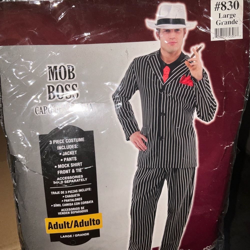 Mob Boss Costume MENS LARGE 42-44 NEW Mob Jacket, Pants Mock Shirt front & Tie